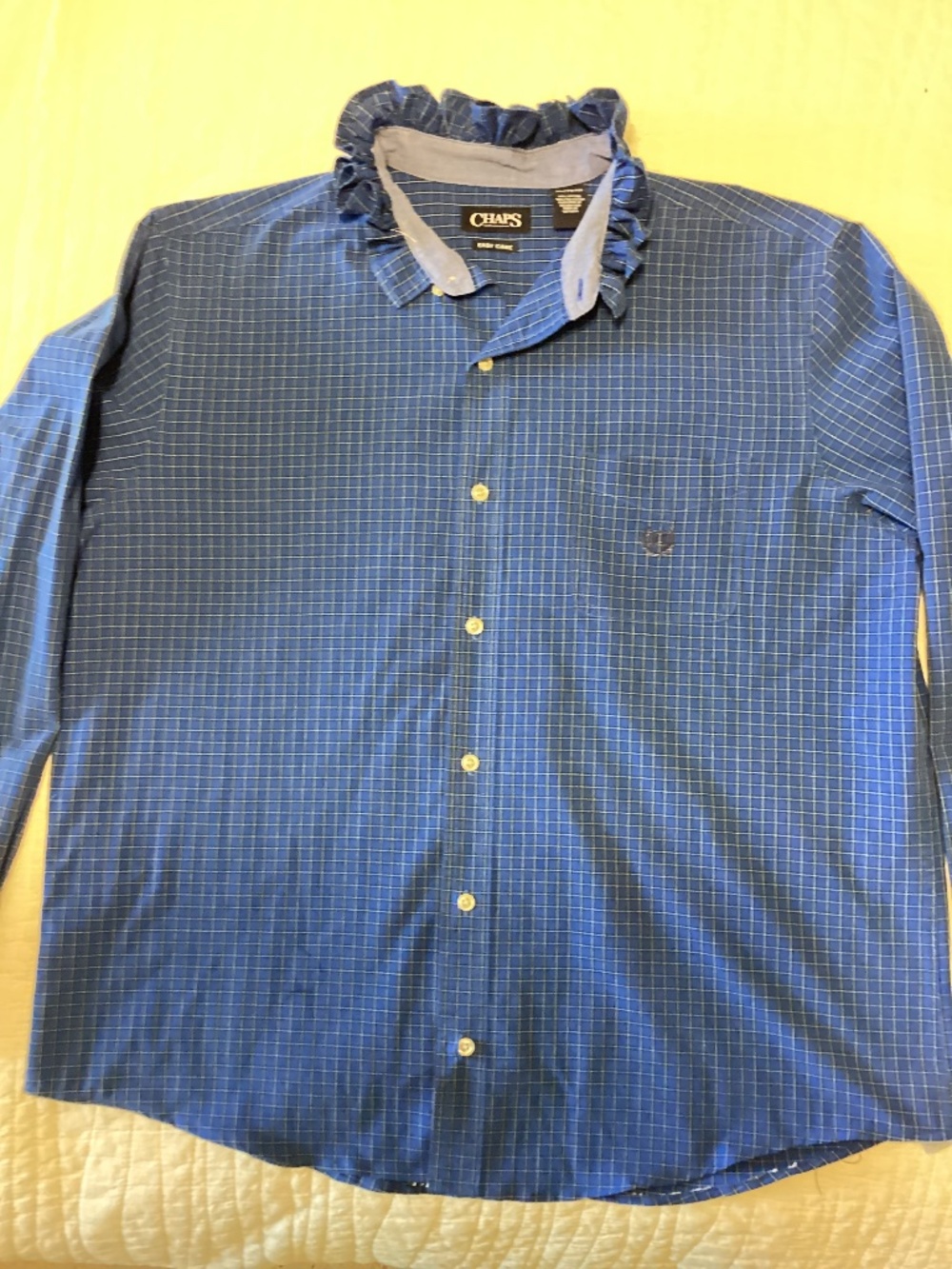 Upcycled Mens Chaps Ruffle Collar Long Sleeve in Blue Windowpane Check